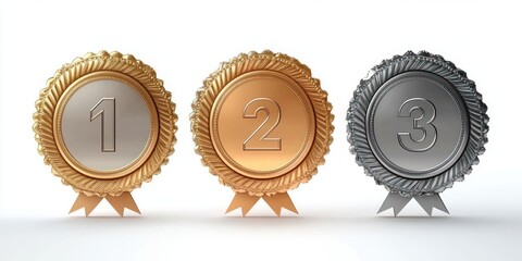Three medals arranged side by side showing first, second, and third place with metallic colors gold, bronze, and silver on a white background conveying achievement and competition
