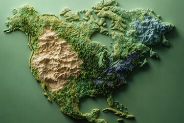 Detailed 3D textured relief map of a large continent featuring mountains, forests, plains, and islands with varied terrain colors and shadows under soft lighting