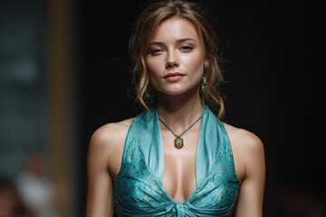 Elegant woman in a turquoise dress smiling in a dark studio setting