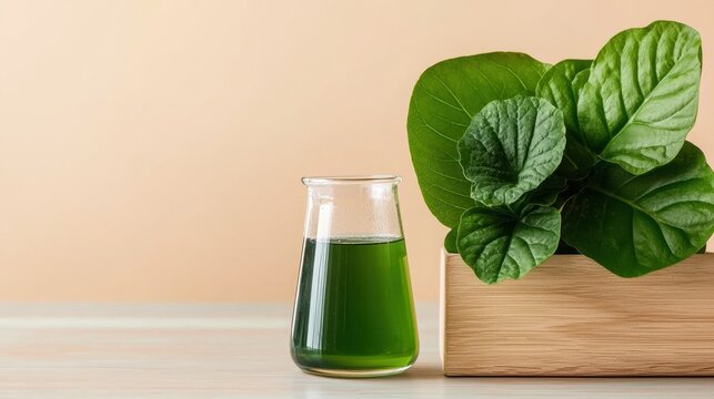 Acid Rain Forest Concept, Green Liquid in Beaker Next to Fresh Green Leaves on Light Background