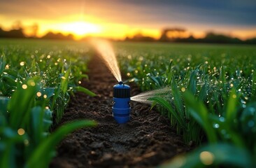 Close-up of sprinkler watering green crops in a field at sunset with dewdrops on leaves and a glowing horizon