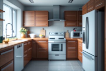 Blurred Kitchen Interior with Modern Cabinets and Appliances for Bright Domestic Background