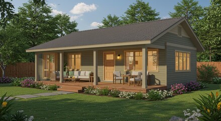 Charming House with Porch: A cozy house, complete with a inviting porch, embodies the essence of home, amidst a lush garden.
