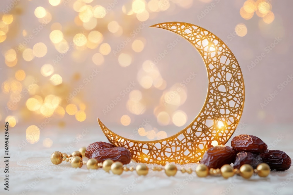 Poster golden crescent moon with intricate lattice design surrounded by date fruits and golden beads with w