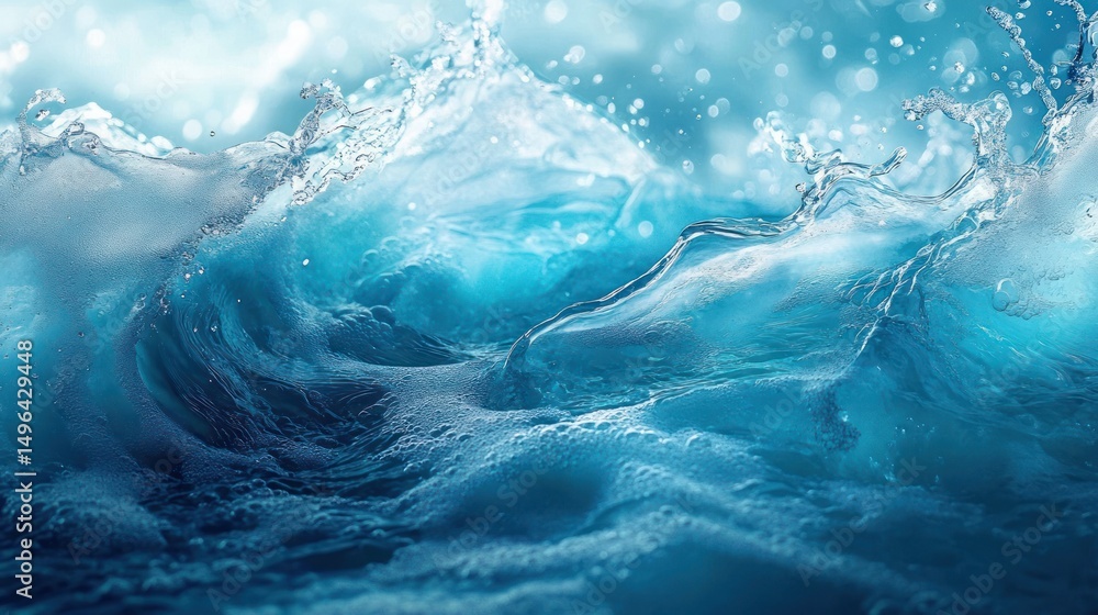 Poster close-up of dynamic ocean waves splashing with bright blue water and foam under soft light, capturin