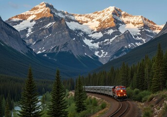  Majestic Train Journey Through Mountain Landscape: A train snakes its way through a valley, passing towering mountain peaks, and verdant pine forests, inviting exploration and wanderlust. 