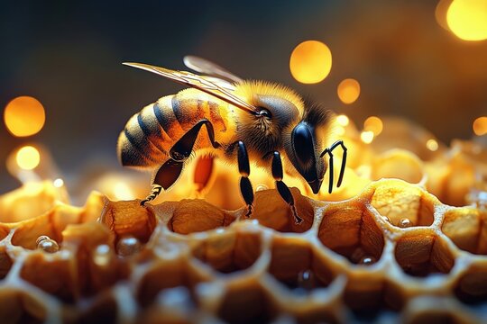Close-up of a honeybee perched on golden honeycomb cells with glowing background lights, showcasing detailed texture and warm vibrant colors