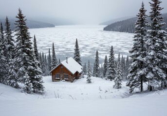 Snowy Cabin by the Lake: A serene winter landscape unfolds, featuring a cozy cabin nestled beside a frozen lake, surrounded by snow-laden pine trees, evoking tranquility and solitude.
