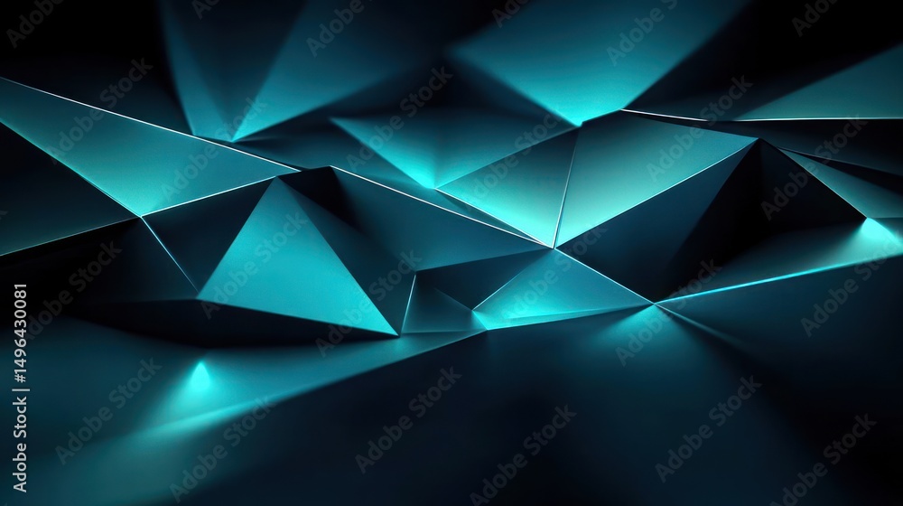 Poster abstract three-dimensional geometric shapes with dark blue and teal lighting creating a futuristic a