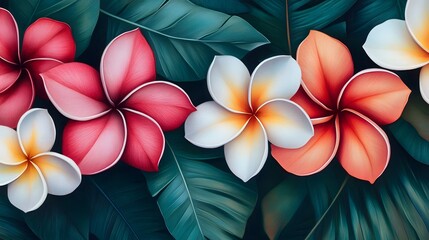 Obraz premium Dynamic plumeria explosion with tropical energy and bold tattoo-inspired flowers