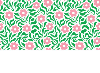 Obraz premium Pink flowers, abstract leaves on white background. Seamless pattern for fashion design, fabric, wallpaper and all kinds of prints.