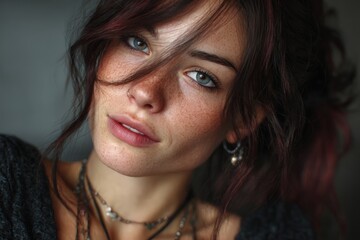 Moody portrait of a woman with tousled hair and dark top looking into the camera