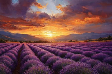 Fototapete Vibrant lavender field at sunset with dramatic colorful clouds and mountain silhouettes in the background © Milana