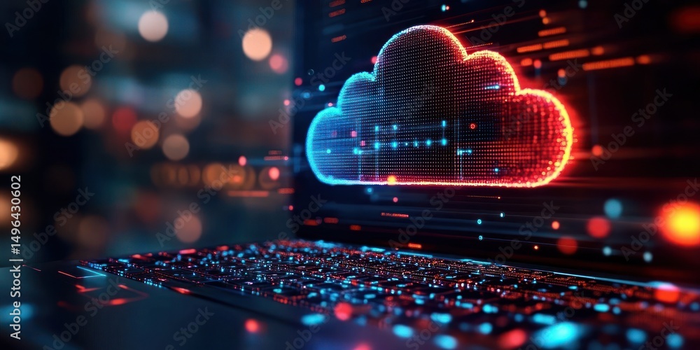 Fototapete holographic digital cloud icon projecting above a laptop keyboard with glowing futuristic interface 