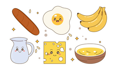 Breakfast Food Kawaii Doodle Set Vector Illustration