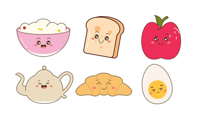 Breakfast Food Kawaii Doodle Set Vector Illustration