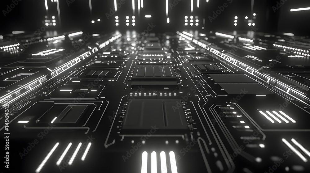 Poster digital circuit board with glowing white lines and components.