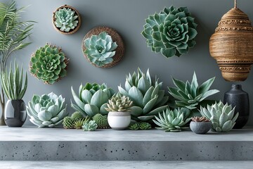 Modern Interior Decor Light Grey Platform with Succulent Silhouettes
