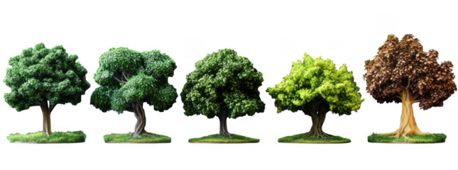 Set of realistic tree images showcasing various angles and seasonal changes, highlighting beauty of nature and its vibrant colors