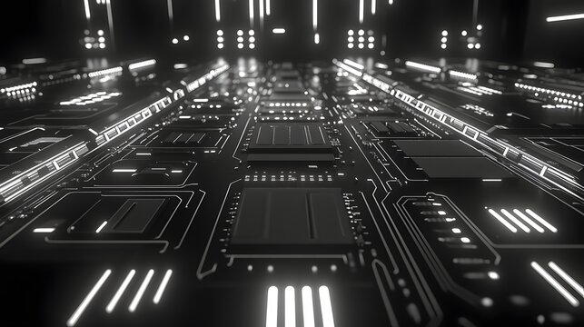 Digital circuit board with glowing white lines and components.