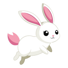 A small, white rabbit with pink ears appears to be mid-leap against a white background
