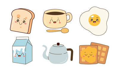 Breakfast Food Kawaii Doodle Set Vector Illustration