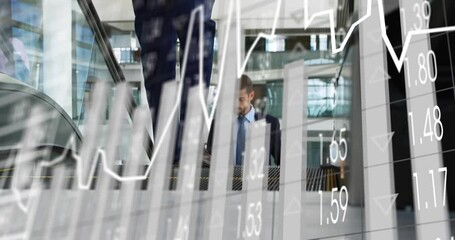 Businessman descending escalator and using smartphone while monitoring animated finance charts - Powered by Adobe