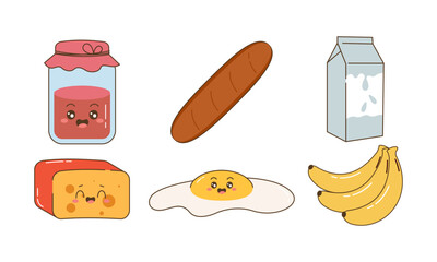 Breakfast Food Kawaii Doodle Set Vector Illustration