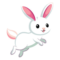 A small, white rabbit with pink ears appears to be mid-leap against a white background