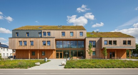 Obraz premium Eco-Friendly Modern Architecture: A stunning eco-conscious building with a vibrant green roof, showcasing sustainable design. Featuring wooden facade and modern architectural elements.