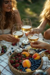 Three people clinking glasses of white wine over a picnic table with a basket of fresh strawberries, blueberries, and peaches in a sunny outdoor setting