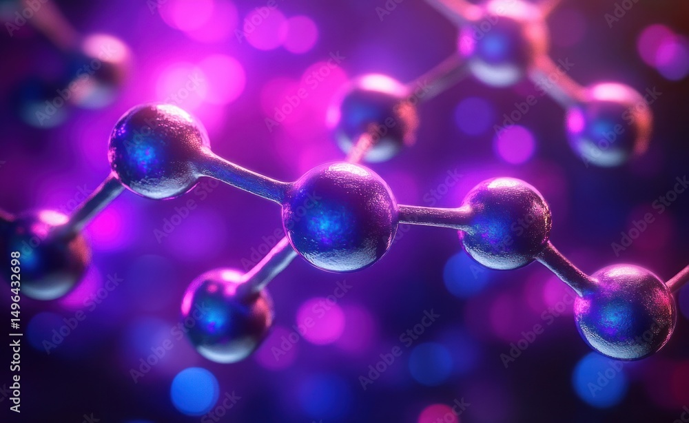 Poster close-up view of shiny interconnected molecular structure with spherical atoms and glowing purple an