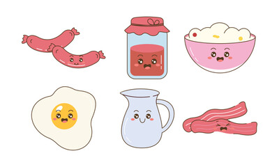 Breakfast Food Kawaii Doodle Set Vector Illustration