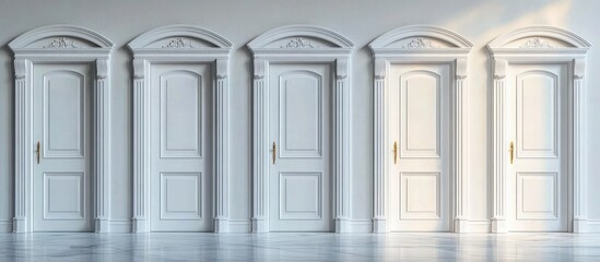A row of five elegant white doors with ornate architraves and golden handles evenly spaced along a smooth white wall, illuminated by soft natural light creating a serene atmosphere