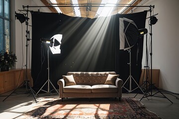 Brightly Lit Empty Photo Studio with Lighting Gear and Cozy Sofa Under Sunlight