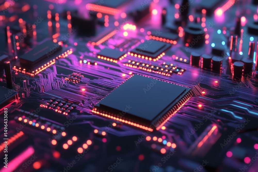 Poster closeup view of a vibrant circuit board with microchips illuminated in an electronic workspace, clos