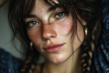 Fototapeta premium Close-up portrait of a young woman with curly hair and freckles looking at the camera