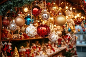 Colorful and glittering Christmas baubles hanging on a decorated stall illuminated by warm lights at a festive market