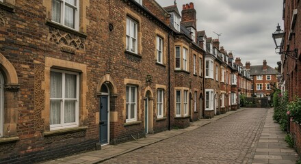 Obraz premium Street of Historic Buildings: A timeless row of traditional buildings stands proudly along a cobblestone street, bathed in the soft light of day, whispering tales of a rich architectural heritage.