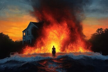 Fototapeta premium Silhouette of a person standing surrounded by large intense flames near a dark house with water waves crashing in the foreground under a dramatic sunset sky