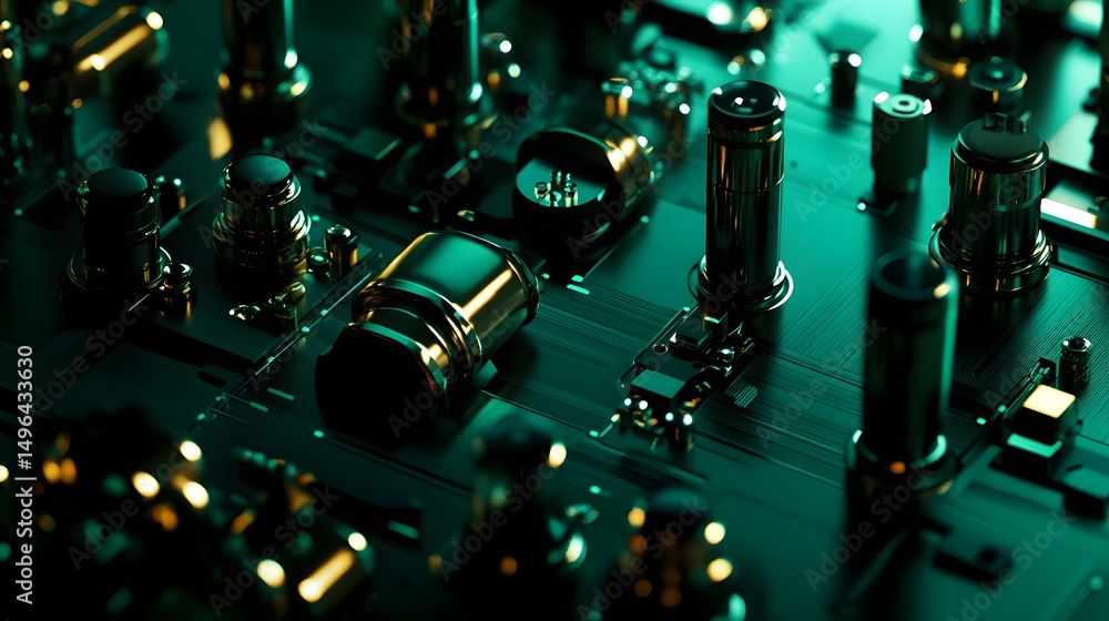 Poster close-up view of complex dark green circuitry with metallic components.