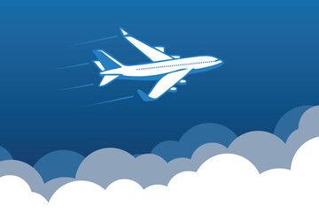 Naklejka premium Airplane Flying Above Clouds Blue Sky Travel Aviation Graphic