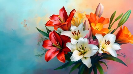 Fototapeta premium Vibrant bouquet of lilies and tulips with watercolor background