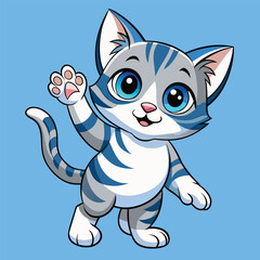 A tiny tabby kitten with bright blue eyes playfully reaches out with its paw.