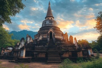 Ancient stone pagoda temple surrounded by green trees and mountains under a vibrant sunset sky filled with scattered clouds