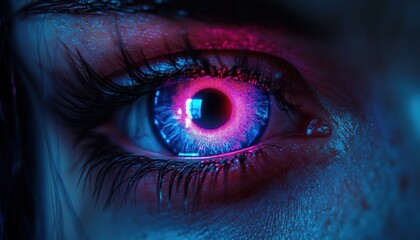Close-up of a human eye illuminated with vibrant neon blue and pink lights reflecting intricate digital patterns and window shapes, evoking a futuristic and high-tech atmosphere