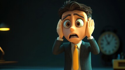 Animated man in suit with wide eyes and hands on ears showing shocked and worried expression in dimly lit office environment with clock in background