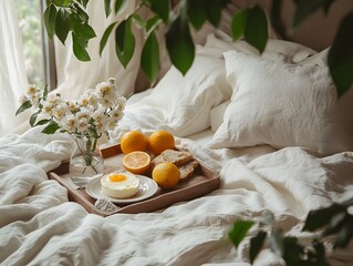 Cozy Breakfast in Bed with Fresh Fruits and Flowers on Tray