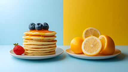 Colorful Pancakes with Fresh Fruits on Vibrant Yellow and Blue Background