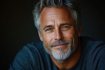 Obraz premium portrait of a middle-aged man with gray hair and beard smiling softly against a dark background conveying warmth and confidence